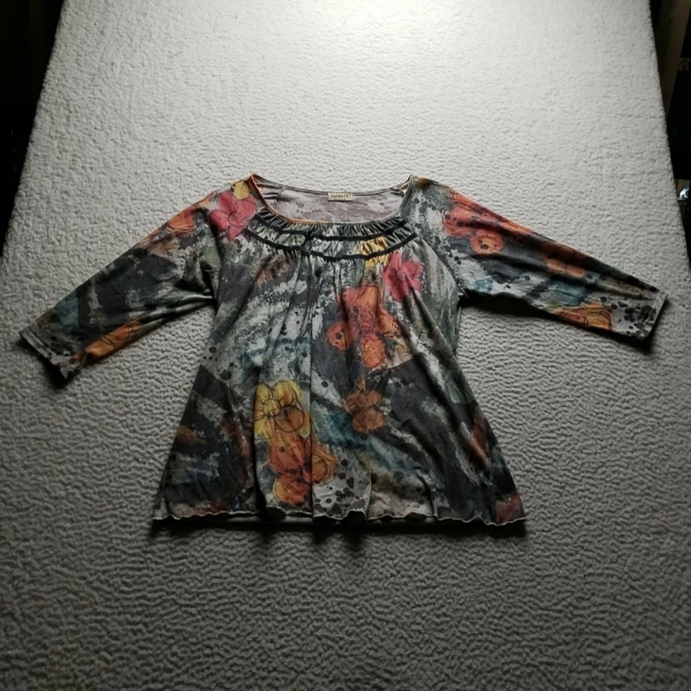 One World Blouse Womens XL Multicolor Scoop Neck 3/4 Sleeve Floral Tunic Top